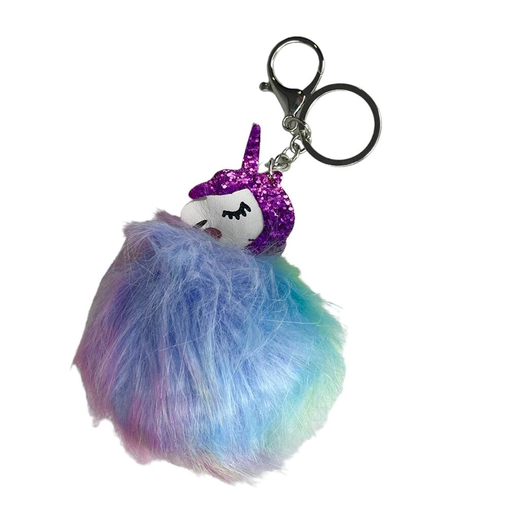 Unicorn Keychain Fob Key Ring 7" Faux Fur Tie Dye Puff Ball Backpack Purse Charm